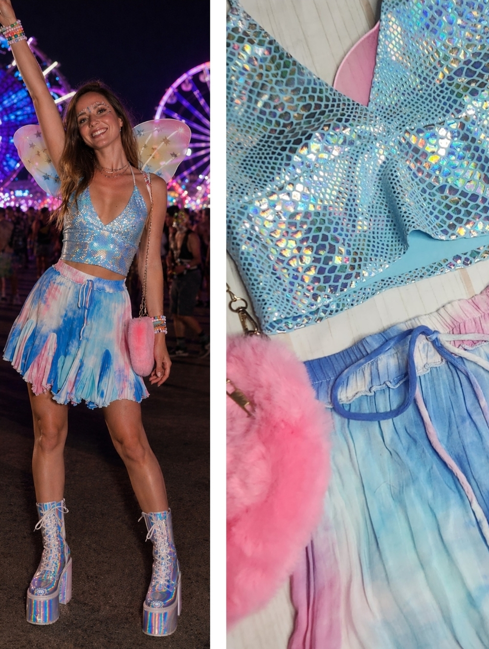 💗 EDC Rave Outfit Skirt Set with Wings & Fuzzy Heart Purse 🌈